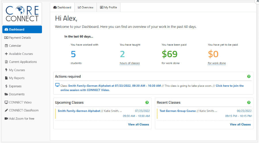 CORE Languages Instructor Dashboard and Account